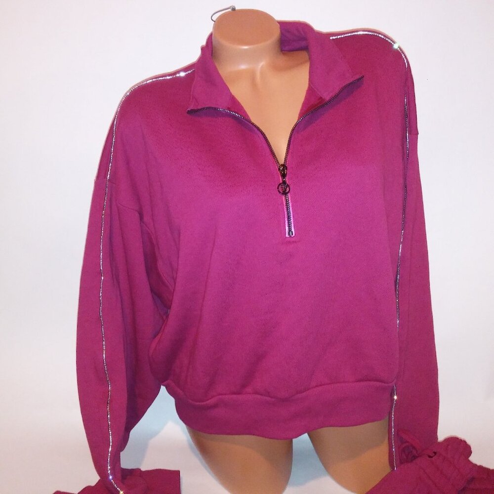 Victoria Secret Jogger Set Crop Top Sweater & Pants XXL 2X Berry Rhinestone Blin - Picture 3 of 12